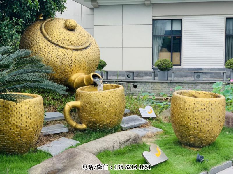 编织造型玻璃钢仿金茶壶茶杯雕塑